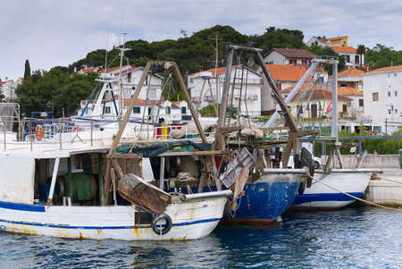Old Fishing boats parking on harbor, Croatia, Rogoznicaの写真素材