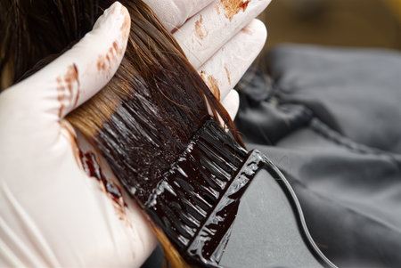 The hairdresser paints the womans hair in a dark color, apply the paint to her hair. Getting beauty procedures. Barber hair dye is applied with a brushの写真素材