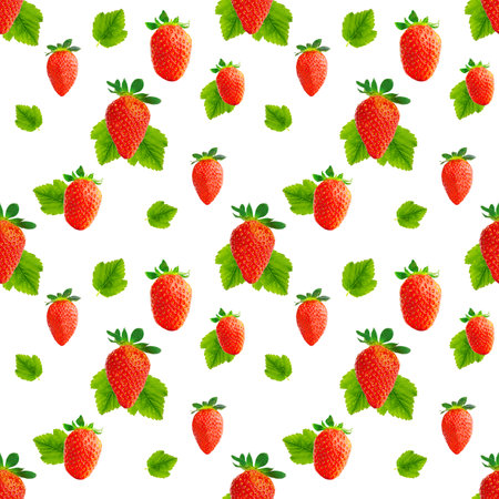 Fresh strawberry seamless pattern. Ripe strawberries isolated on white . Package design background. Falling strawberry selective focus.の写真素材