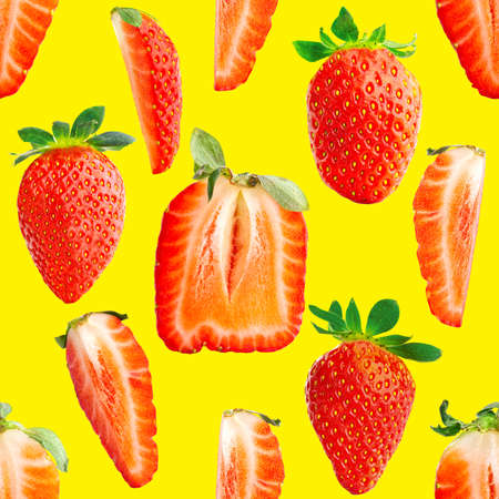 Fresh strawberry seamless pattern. Ripe strawberries isolated on yellow. Package design background. Falling strawberry selective focus.の写真素材