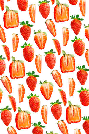 Colorful background of fresh ripe strawberries on white backdrop. Top view, flat-lay banner for packing designの写真素材