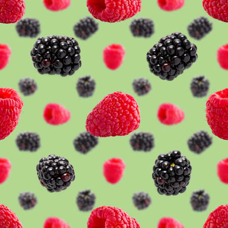 Seamless pattern with ripe raspberry and bramble. Berries abstract background. Raspberry and bramble...