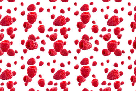 Raspberries abstract background. Fruit pattern of colorful wild berries isolated on white background. Raspberries, blackberry and brumble. Top view. Flat layの写真素材