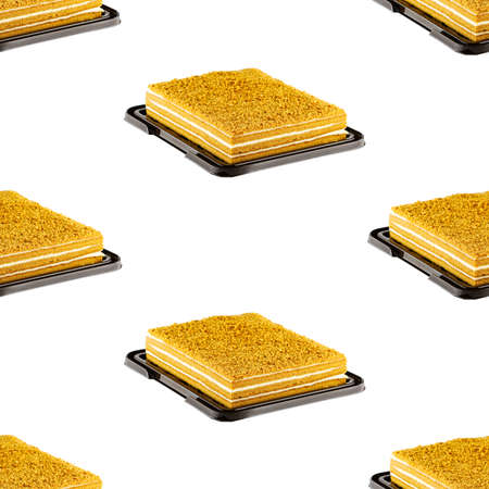 seamless pattern of Honey cake dessert, square honey cake isolated on whiteの写真素材