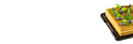 Honey cake with berries close up. Honey cake with blueberries and mintの写真素材