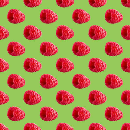 Seamless pattern with ripe raspberry. Berries abstract background. Raspberry pattern for package design with green background.の写真素材