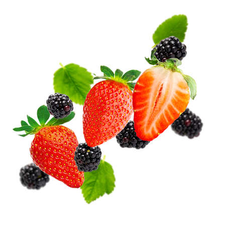 Summer Berries on white background. Strawberry, blueberry, raspberry, blackberry. summer background ripe juicy berriesの写真素材