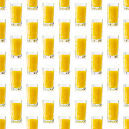 Seamless pattern of orange juice glass. Fresh orange juice, mango or pineapple in a glass repeat seamless pattern on white background.の写真素材