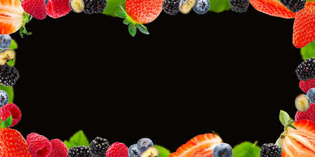 Berries Frame on white Background. Strawberry, Blueberry, Raspberries, and Blackberry. summer berries mockup frameの写真素材