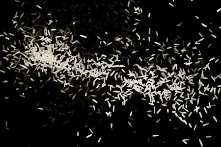 Raw white rice explosion. Heap of raw rice on dark background. faling rice on black backgroundの写真素材