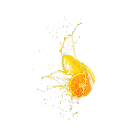 Sliced orange fruit splashing around orange juice white background. fresh juice conceptの写真素材