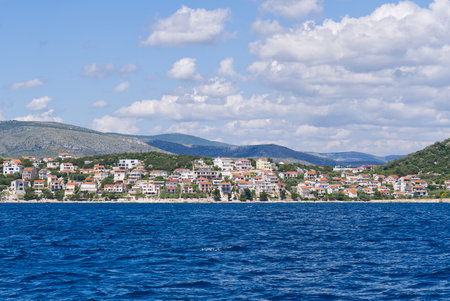 View of the mediterranean city from the sea. Rogoznica town on the Adriatic coast in Croatia. small...