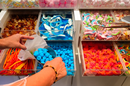 candy store. Woman hand with scoop taking colorful delicious candies on counter of shop, grocery, market, cafe. Many colorful candies on grocery stand Dessert, sale, sweet food and confectionery concept.の写真素材