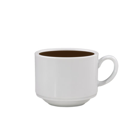 Falling coffee cup isolated on white. Cup of coffee splashes while falling. Splash in white coffee cup. Hot beverage splashing, food levitationの写真素材