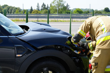 Rescue Team of Arrive on the Car Crash Traffic Accident Scene. Rush to Help Injured, Trapped People....