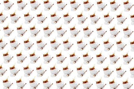 Seamless pattern on white background, falling coffee cup, splashes coffee, banner for coffee house.の写真素材