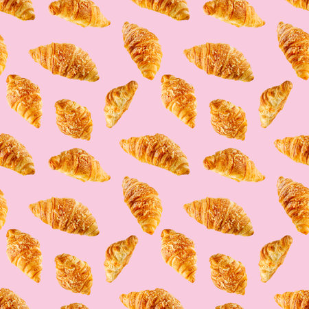 seamless pattern made from Fresh croissant isolated on pink background. Bakery pattern with baked croissant with cheese.の写真素材