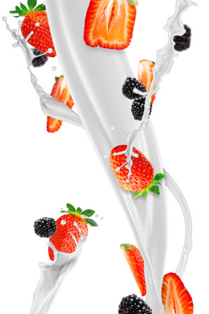 Fresh strawberries falling to make a delicious strawberry smoothie. White background. berry milkshakeの写真素材