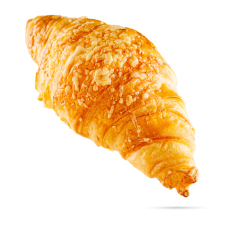 Fresh croissants with cheese isolated on white background. traditional hommade french pastries for breakfastの写真素材