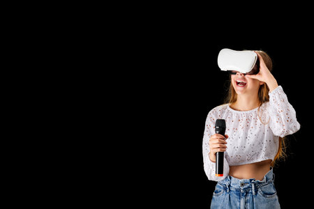 Teenager use modern technologies for entertainment or education. Kid in VR glasses, black...