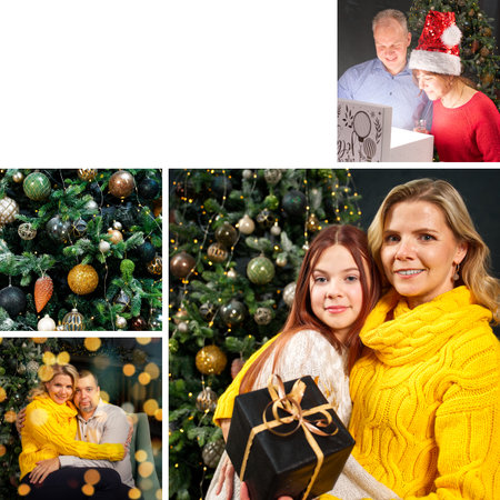 Card collage of different Christmas photos. Beautiful christmas collage made from four photos with copy spaceの写真素材