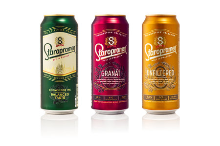 Tallinn, Estonia - January, 2023: A can of Czech Staropramen beer over white. Czech best beerのeditorial素材