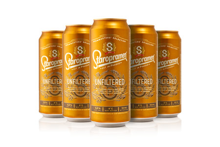 Tallinn, Estonia - January, 2023: Staropramen unfiltred. Czech Staropramen beer can over white. Czech best beerのeditorial素材