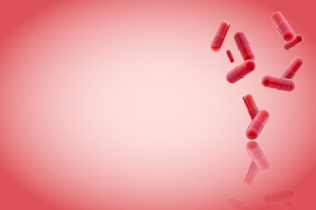 red medical gel capsules falling down on red background. food supplement, pharmacy concept. pills