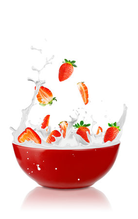 Strawberries falling into a fresh bowl of cream. Healthy Breakfast, milk and fresh berries. vegetarian foodの写真素材