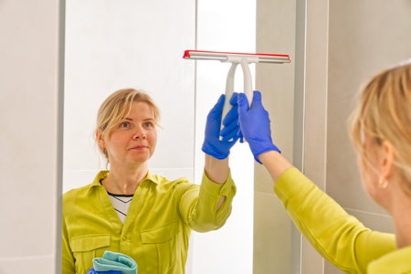 cleaning company. hotel maid microfiber cloth washing cleaning a mirror. household service conceptの写真素材