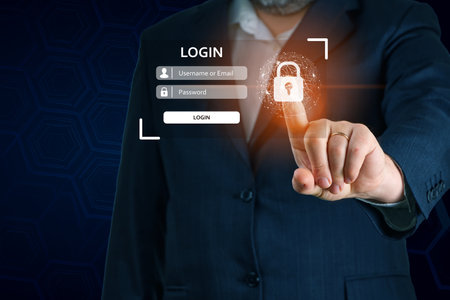 login landing page concept. User typing login and password. Hand man use mobile phone for log inの写真素材