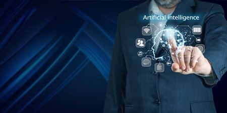 AI, Artificial Intelligence in smartphone. Chat bot interface, Futuristic technology robot in onlineの写真素材