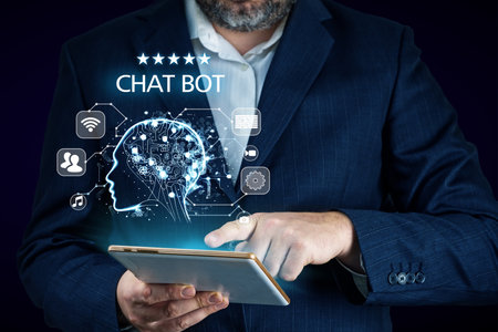 Artificial intelligence, AI chat bot concept. Businessman hands using tablet. ai chatbot infographic