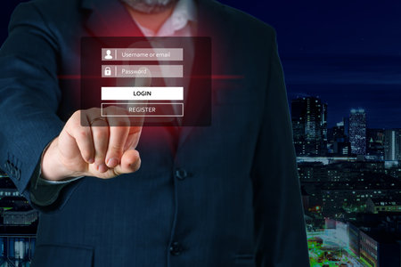 Businessman hand touching screen to login. Enter Username, Password for Login. Online Securityの写真素材