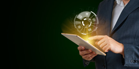 Concept of contact us. businessman using digital device to get online business contact information