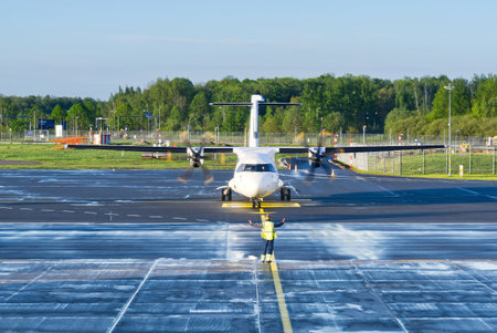 aircraft on runway preparing for takeoff at the airport. Preparation of the airplane before flight.