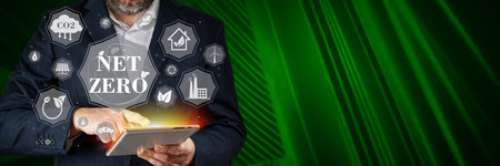 Net zero emission, Clean technology, Renewable energy concept. Net zero information in smartphoneの写真素材