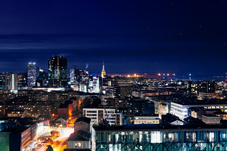 Panoramic view of the city at night. Tallinn, Estonia at nightの写真素材