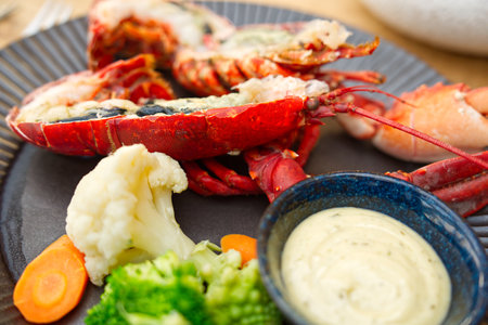 Cooked fresh lobster. Red lobster dinner seafood. Gourmet food healthy boiled lobsterの写真素材