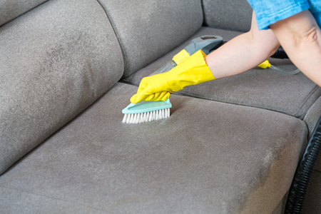 Cleaning concept. Woman washes soft furniture in living room. Employee removing dirt from furnitureの写真素材