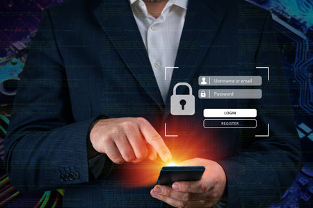 login landing page concept. User typing login and password. Hand man use mobile phone for log inの写真素材