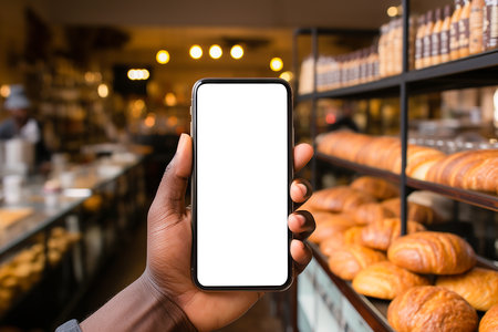 African man hand holding smartphone in bakery shop. smartphone with empty white display mockup.