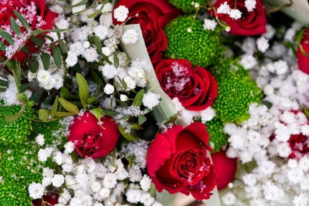 Beautiful Bouquets of Mixed Flowers: Roses, Gerberas, Tulips, for Womens Day and Mothers Dayの写真素材