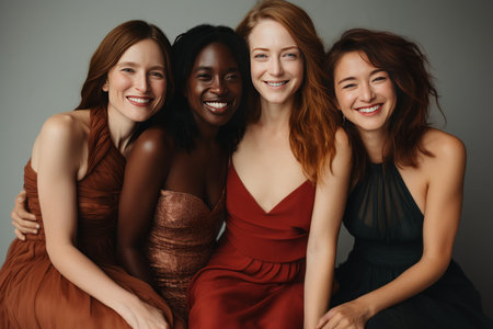 Multicultural Middle-Aged Women Embracing in Studio Photoshoot, Showcasing Diversity and Friendshipの素材