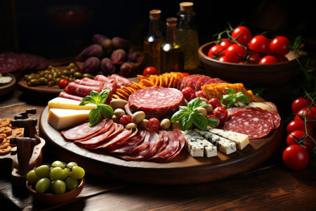 Gourmet Sausages, Cheeses and Delicacies on Plate, Perfect Starter Selection, Low Light Ambienceの素材