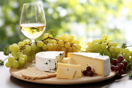 Wine and Cheese Indulgence. Glass, Plate and Grapes on Garden Terraceの素材