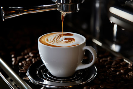 Close-up of a professional cappuccino machine brewing foam-topped coffee into a white cupの素材