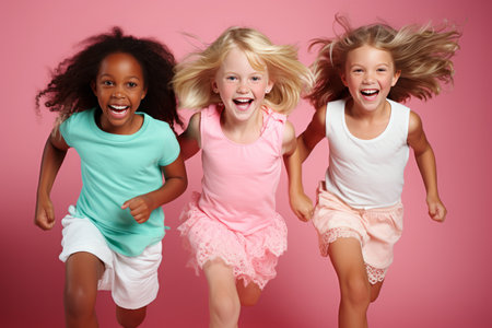 Happy Smiling International Young Girls Jumping and Having Fun on a Bright Pink Studio Backgroundの素材