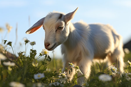 Beautiful Summer Morning Scene with a Delightful Young Goat Grazing Happily on a Light Meadowの素材