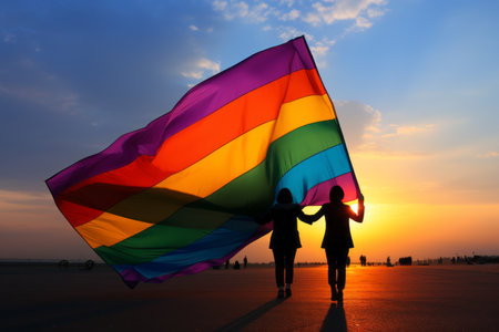 Happy gay couple holding hands with a big vibrant rainbow flag against a stunning sunset backdropの素材